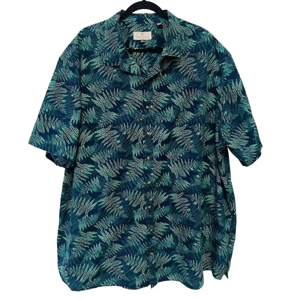 Oak Hill Button Down Collared Dress Shirt Fern Print Sport Top Green Navy 3XL - Picture 2 of 7